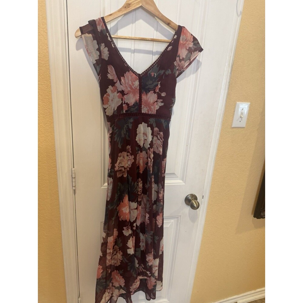 Abercrombie Womens Floral Maxi Dress Size XXS Tall Burgundy Lace
